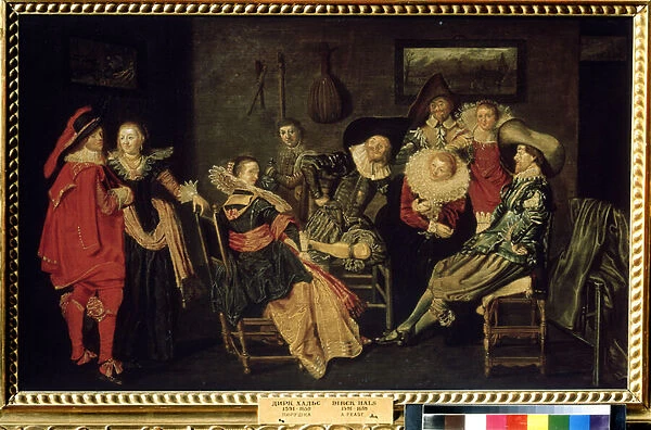 'La joyeuse compagnie'(The Merry Company) La fete dans une riche demeure hollandaise, une tablee de bourgeois vetus de facon elegante. Peinture de Dirck Hals (1591-1656) 17eme siecle Dim. 41x66 cm Musee Pouchkine, Moscou