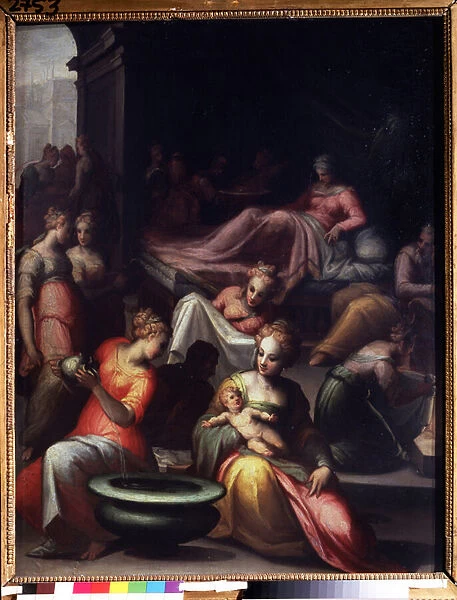 La naissance de Saint Jean Baptiste (The Nativity of John the Baptist). Peinture de Giovanni Battista Naldini (1537-1591). Huile sur toile. Dim : 89x74cm. Art florentin Maniersme. Musee Pouchkine, Moscou