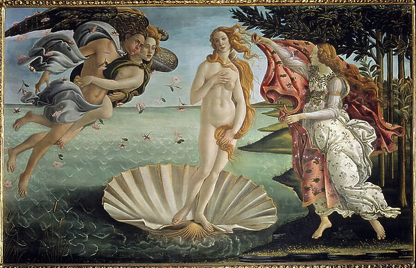 La naissance de Venus. Venus recoit d'une Heure, deesse du printemps, une robe pour couvrir sa nudite. A l'oppose Zephyr, dieu du vent et dans ses bras une nymphe. Peinture de Sandro Botticelli (1444-1510), entre 1482 et 1485. h s / t