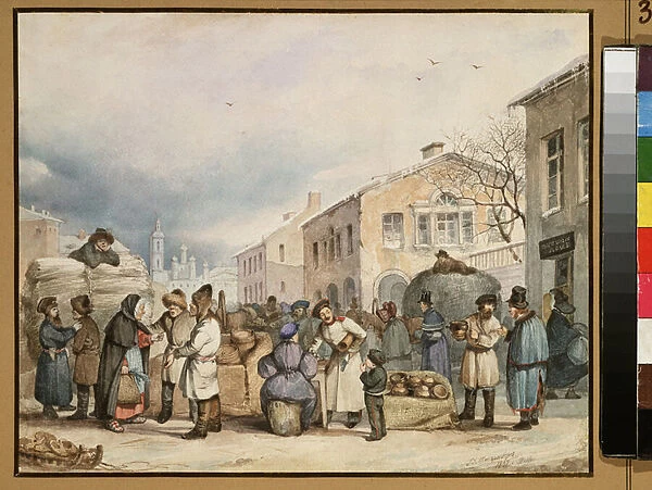 La place du marche au foin a Saint Petersbourg (The Hay market Place in Saint Petersburg) - Oeuvre de Vasili Ivanovich Shternberg (1818-1845), aquarelle sur papier