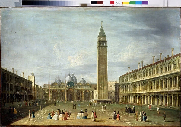 La place Saint Marc (San Marco) (ou Piazzetta) a Venise avec la basilique saint Marc et le campanile. (The Saint Marks square in Venice). Peinture de Francesco Tironi (1745-1797). Huile sur toile, 72 x 109 cm. art venitien du 18e siecle