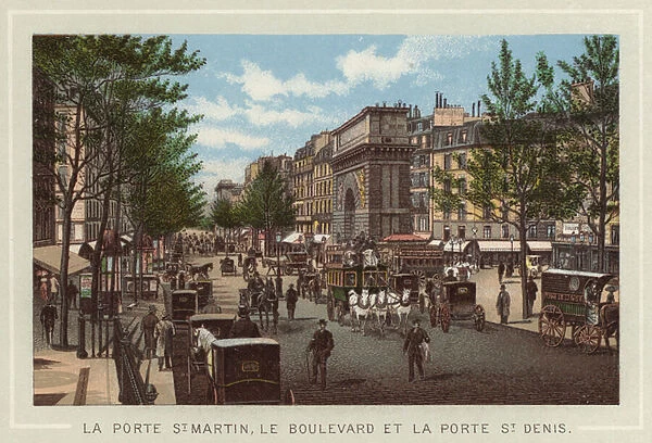 La Porte St Martin, Le Boulevard Et La Porte St Denis (colour litho)