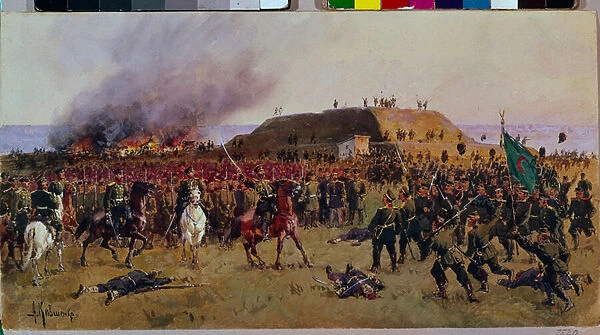 La prise de la forteresse de Gorni Dubnik (Gorni-Dubnik) le 24 octobre 1877. Guerre russo turque : scene de bataille entre les cosaques de l armee russe et les soldats de l empire ottoman