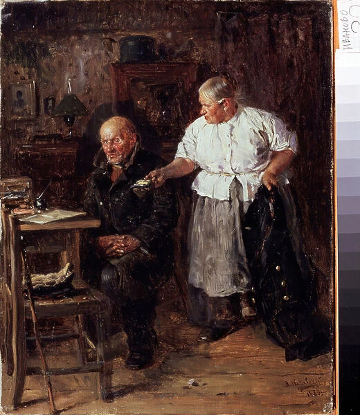 La reprimande (The Scolding). Un couple age dans son interieur, la femme fait des reproches a son mari, en lui montrant son porte monnaie. Peinture de Vladimir Yegorovich Makovski (Makovsky, Makovskij) (1846-1920), huile sur toile, 1883