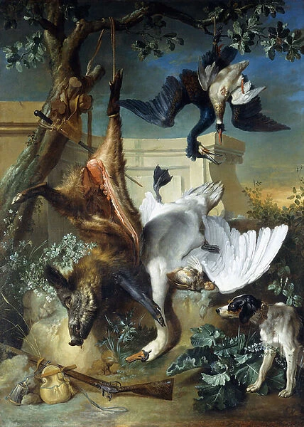 La Retour de Chasse : A Hunting Dog Guarding Dead Game, (oil on canvas)