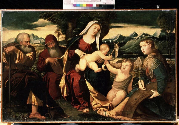 'La sainte famille avec saint Jean Baptiste'(The Holy Family with John the Baptist) Avec eux sont representes sainte Catherine d Alexandrie et saint Jerome. Peinture de l ecole italienne de la fin du 16eme siecle