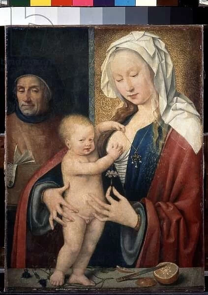 'La sainte famille'(The Holy Family) L enfant Jesus joue avec le sein de sa mere. Peinture de Joos van Cleve (Cleef) (vers 1485-1540) 16eme siecle Dim. 42. 5x31. 5 cm Saint Petersbourg. Musee de l Ermitage