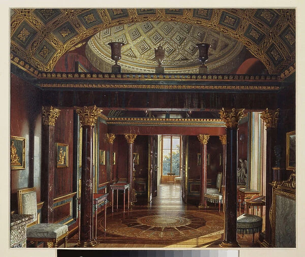 La salle d agate (agathe) (ou le cabinet de jaspe), dans le grand palais de Tsarkoye Selo. Oeuvre de Luigi Premazzi (1814-1891), aquarelle sur papier, 1859. Art italien 19e siecle, academisme