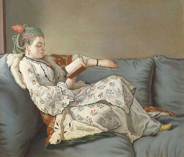La Sultane Lisant, A Lady in Turkish Costume Reading on a Divan, (oil on canvas)