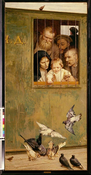 La vie est partout. (Depuis la fenetre d un wagon avec des barreaux de fer, un enfant entoure de visages souriants jette des miettes a des oiseaux). Peinture de Nikolai Alexandrovich Yaroshenko (Yarochenko) (1846-1898), huile sur toile, 1888