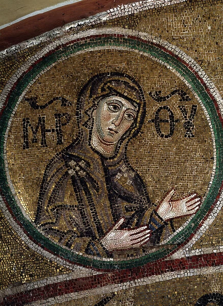 La Vierge Oranta (representation chretienne orthodoxe de la Vierge Marie, en priere les bras etendus) (The Virgin Orans). Mosaique d un maitre byzantin, vers 1037-1050, art russe ancien