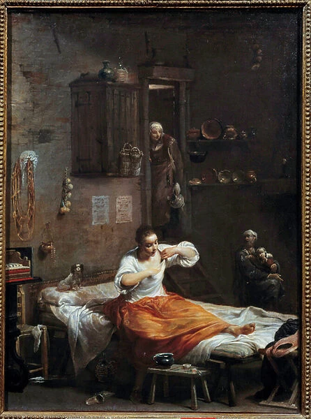 La woman a la puce Painting by Giuseppe Crespi (1665-1747) 18th century Sun