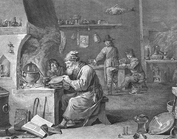 Laboratory of an alchemist, 18th or 19th century (engraving)