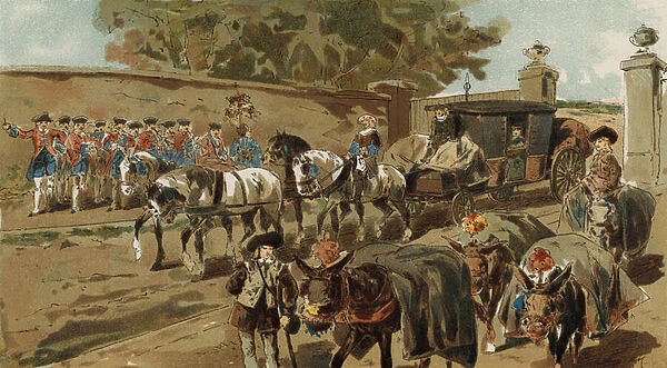 Laden donkeys and mail coach, Austrian Netherlands, 18th Century (colour litho)