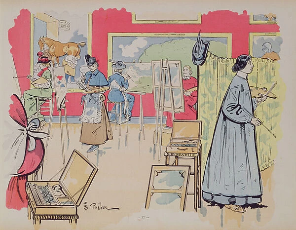 Ladies attending a painting class, 1902 (colour litho)