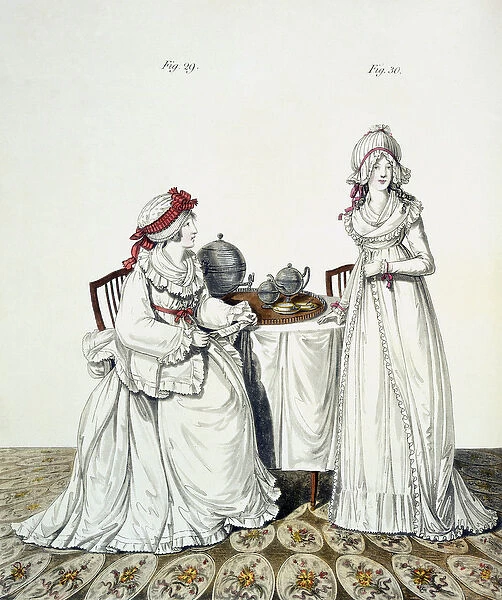 Two ladies at breakfast in their dressing room, wearing night caps and peignoirs