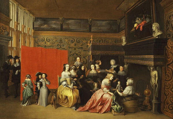 Ladies Celebrating the Birth of a Child in an Elegant Boudoir, (oil on canvas)