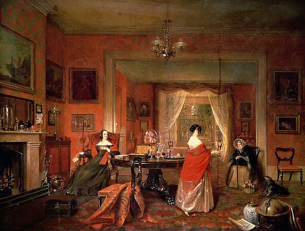 Three ladies in a drawing room interior (oil on canvas)