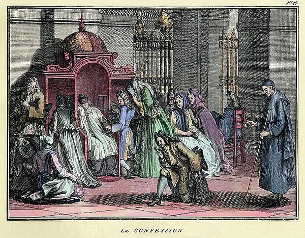 Ladies and knights waiting for confession. 18th century print