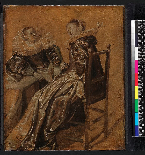 Two ladies seated at a table, 1625-28 (oil sketch on paper