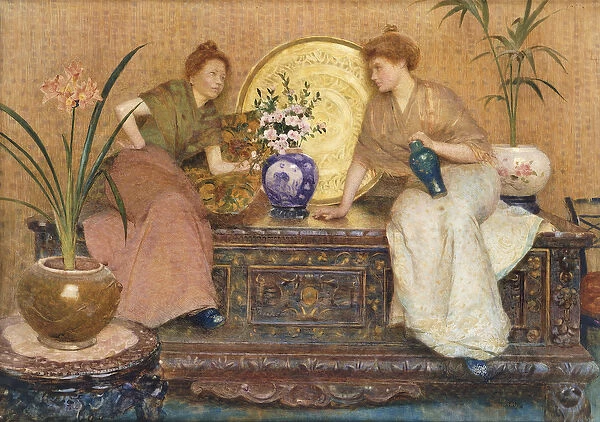 Two Ladies Sitting on a Chest by a Cairo Ware Tray and a Vase of Flowers
