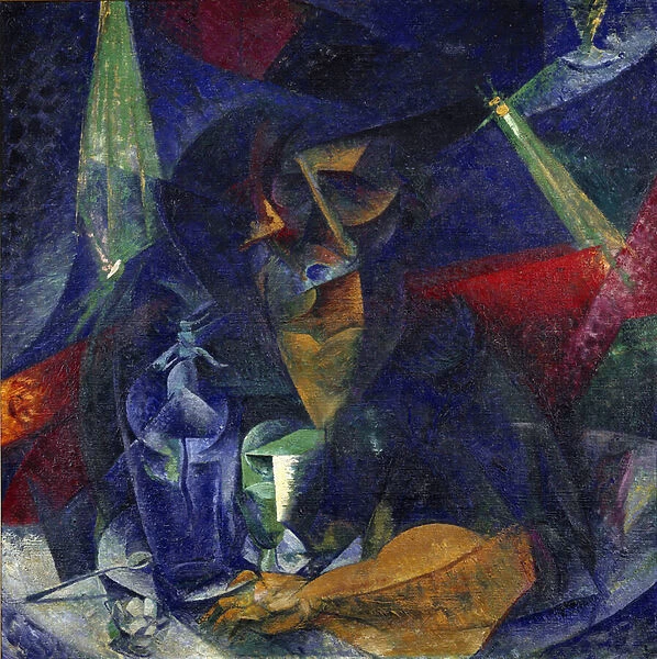 Lady at the cafe or Compentration of lights and plans. c. 1912 (Painting)
