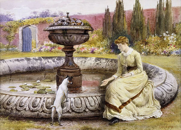 A Lady and a Dog Beside an Ornamental Pool, (pencil and watercolour heightened with white