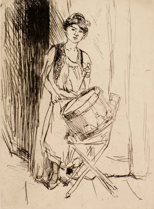 Framed Print : The Lady with the Drum (etching) Framed Print : The Lady with the Drum (etching)