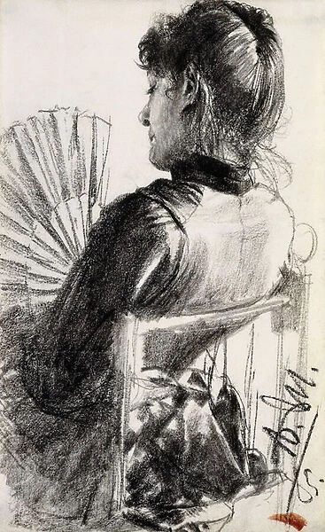 Lady with a Fan, 1885 (pencil on paper laid down on board)
