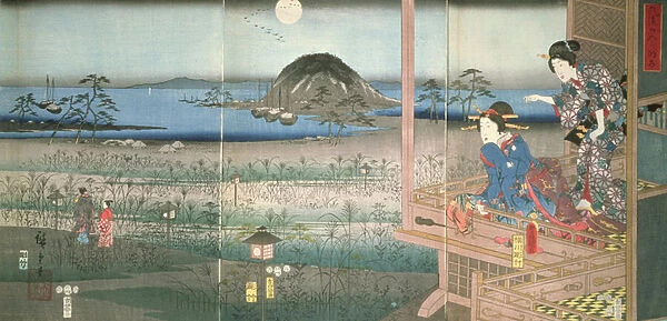 The Lady Fujitsubo watching Prince Genji departing in the moonlight, 1853, (colour woodblock print)
