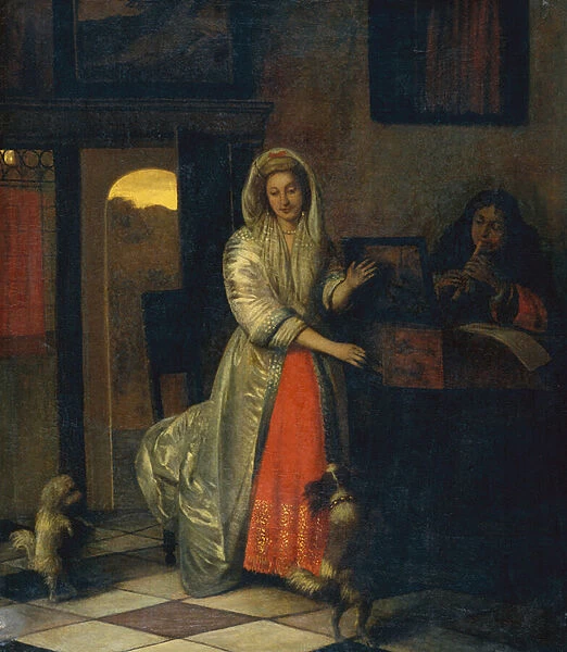 Lady and a Gentleman making Music with dancing Dogs, 1680-84 (oil on canvas)