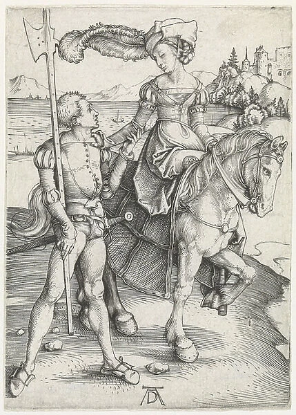 A lady on horseback and a soldier, 1495-99 (engraving)