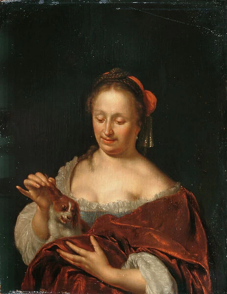 A Lady Seated holding a Small Dog (oil on panel)