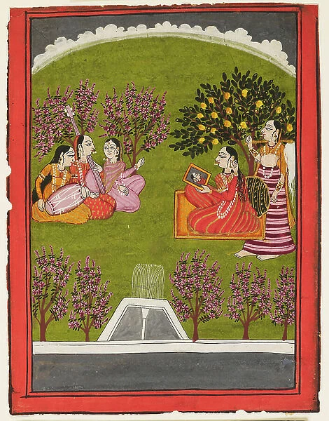 A lady seated with a mirror in a garden, with a maid and three musicians, c. 1909 (gouache on paper)