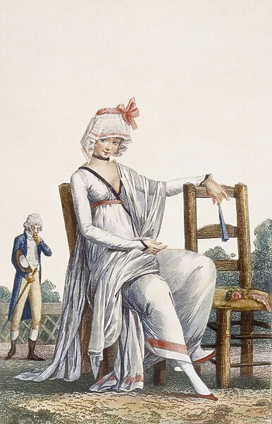 Ladys promenade dress, 1800 (coloured engraving)