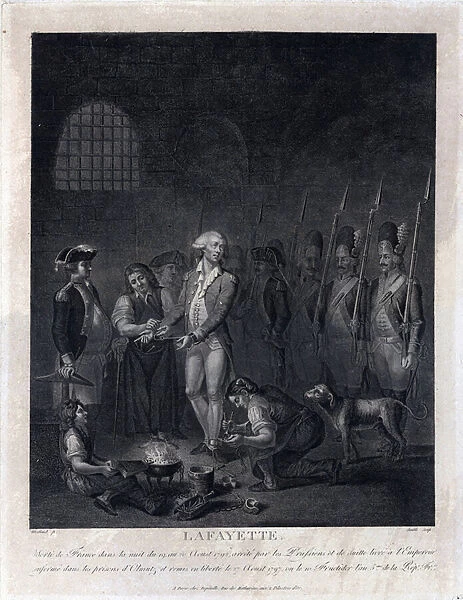 Lafayette (Gilbert du Motier, marquis de La Fayette, 1757-1834) en prison a Olmutz (ou Olomouc, Republique tcheque), de 1795 a 1797 - Oeuvre de George Morland (1736-1804), gravure 18eme siecle - Lafayette in Prison at Olmuetz