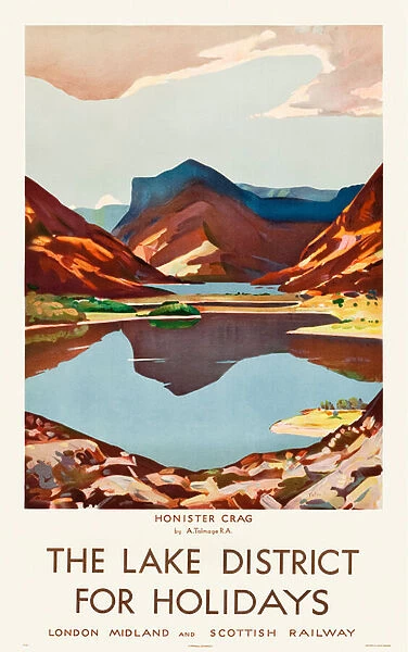 The Lake District for Holidays, c. 1930 Tourism Poster by LMS (London, Midland, & Scottish Railway) showing Honister Crag fell overlooking Fleetwith Pike
