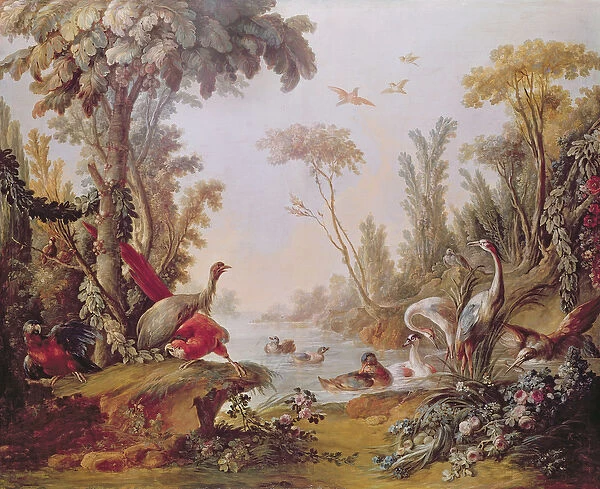 Lake with geese, storks, parrots and herons, from the Salon of Gilles Demarteau (1722-76) c