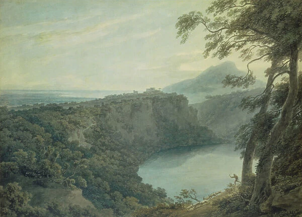 The Lake of Nemi and the town of Genzano, 18th century (w  /  c on paper)