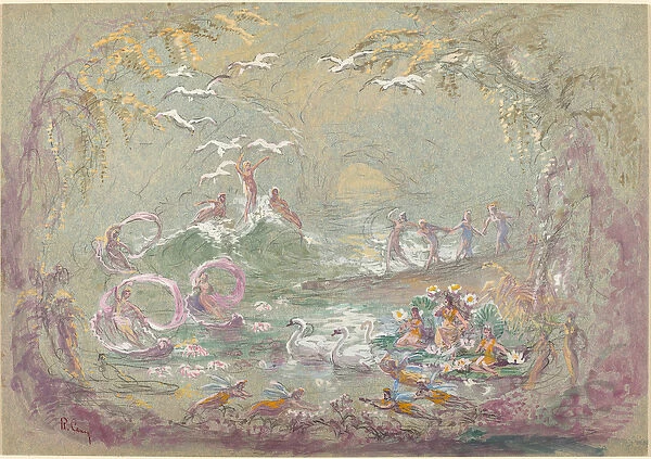 Lake Scene with Fairies and Swans (watercolour and gouache over black chalk on blue-green