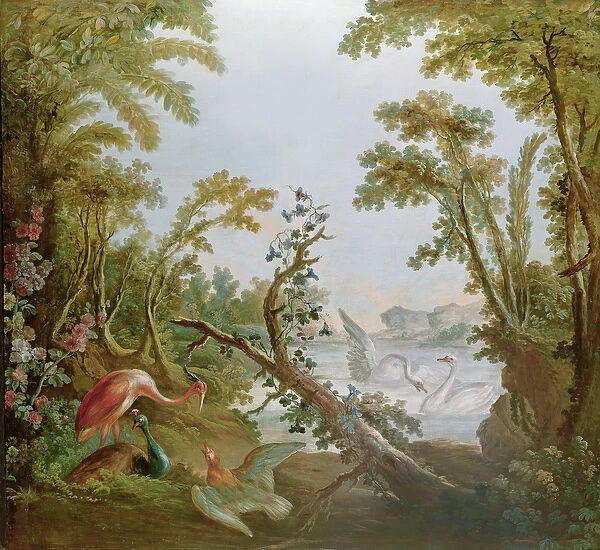 Lake with swans, a flamingo and various birds, from the salon of Gilles Demarteau, c