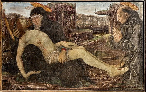 Lamentation with client shown as St. Francis, by Francesco del Cossa, 1467
