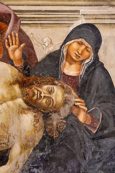 Lamentation of the Dead Christ between the two saints of Orvieto (S. Parenzo on the right and S. Faustino on the left), detail, 1500-04 (fresco)