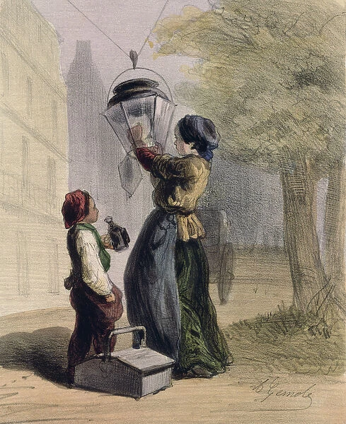 The Lamplighter, from Les Femmes de Paris, 1841-42 (colour litho)