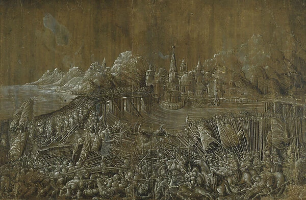 Landaknechten, Battle on a Bridge (pen & ink with gouache on paper)
