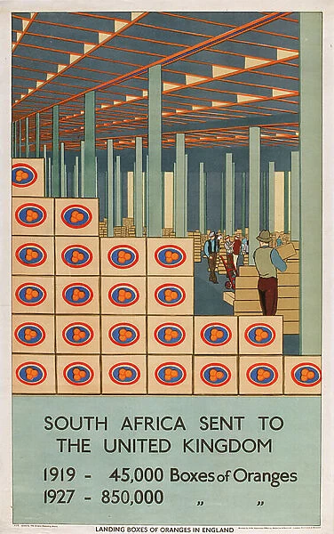 Landing Boxes of Oranges in England, from the series Summer's Oranges from South Africa (colour litho)
