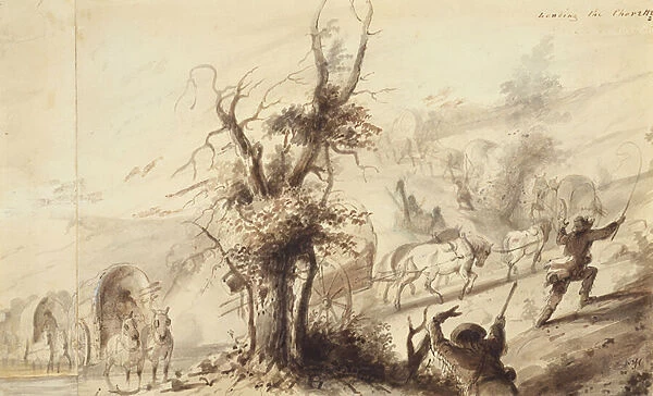 Landing the Charettes, c. 1837 (brown wash on paper)