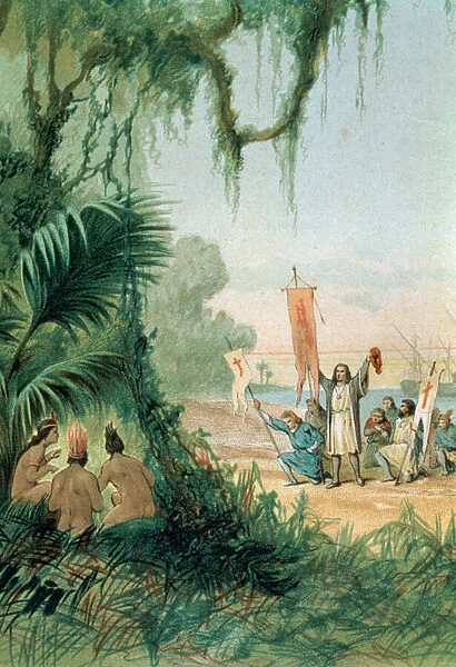 The Landing of Christopher Columbus (1451-1506) on the island of San Salvador on the 12th October 1492, from The Discovery of America, pub. Barcelona, 1878 (litho)