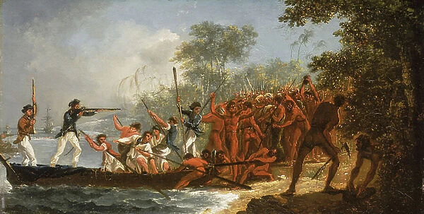 Landing at Erramanga (Eromanga), one of the New Hebrides, 18th century (oil on panel)