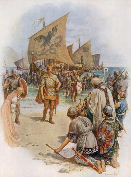The landing of King Canute (colour litho)
